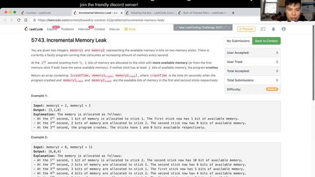 1860. Incremental Memory Leak (Leetcode Easy)