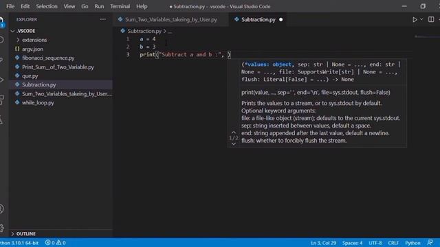 How to print Subtraction of Two variables in python. смотреть онлайн