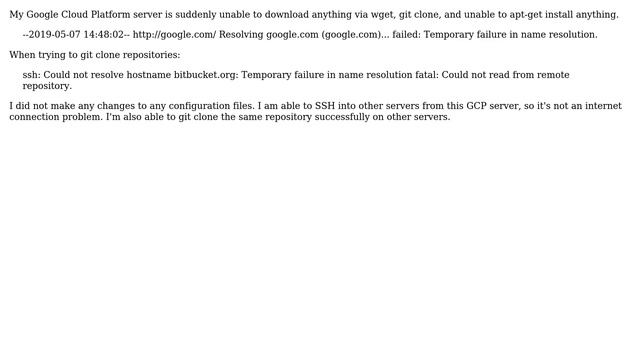 DevOps & SysAdmins: Git clone, wget, ping not working on GCP server all of a sudden смотреть онлайн