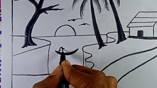 House scenery drawing pencil sketch || Sunset scenery drawing with pencil sketch смотреть онлайн