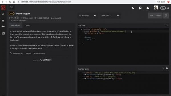 Code With Me: Is Pangram (solved in JavaScript)