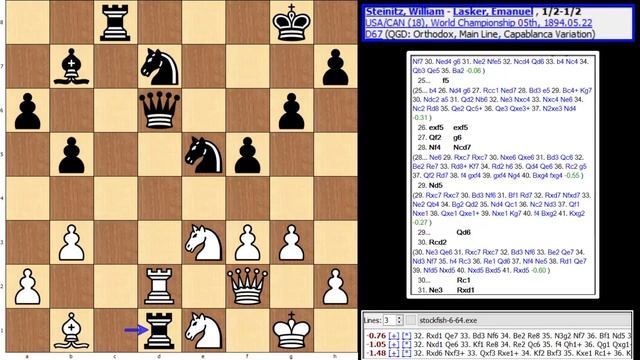 World Championship 1894-Game 18-Steinitz,William-Lasker,Emanuel смотреть онлайн