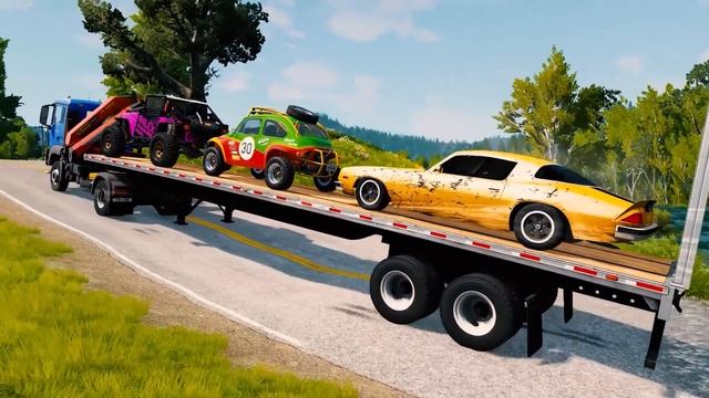 Potholes Long Flatbed Trailer Truck Tractor Vs Speedbumps - Cars Vs Deepwater