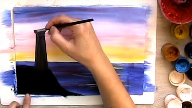 Как нарисовать закат и маяк с детьми. Гуашь. смотреть онлайн