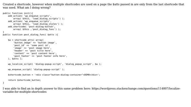 Wordpress: Multiple shortcodes only use attributes from one of the shortcodes on custom plugin смотреть онлайн