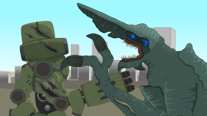 Битва Егеря Черно Альфы против Кайдзю Остроголова.