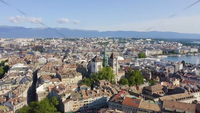 Geneva, Switzerland. Flight over the city. Geneva Cathedral, Aerial View Hyperlapse, Point of inter смотреть онлайн