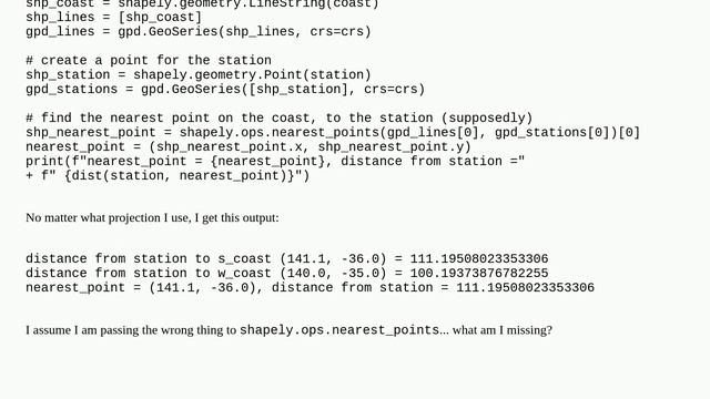 Trying to find nearest point on a coastline (in Python), but projection is not working as I expect смотреть онлайн