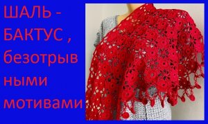 Красивая красная ШАЛЬ  Бактус , безотрывными мотивами  , вязание крючком.