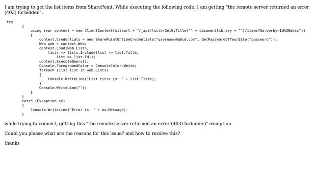 Sharepoint: The remote server returned an error (403) forbidden - while connect sharepoint using c# смотреть онлайн