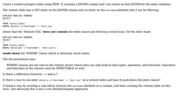 Postgres, RDW, WHERE condition not pushed to remote (JSONB attribute, using postgres_rdw) смотреть онлайн