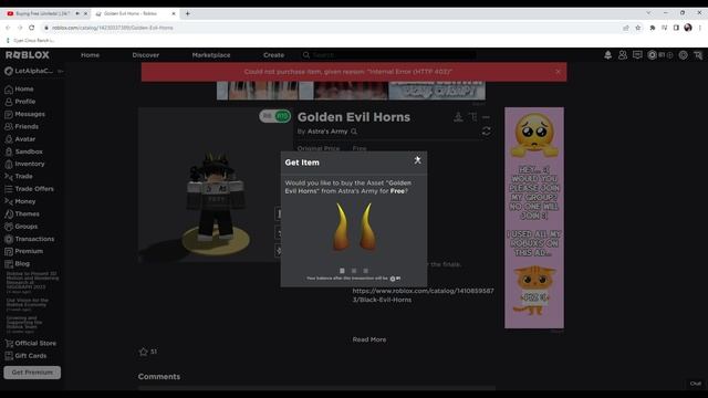Failed Sniping Golden Evil Horns (Roblox FREE UGC Limited)! смотреть онлайн