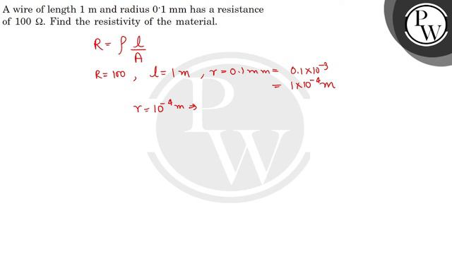 A wire of length 1  m and radius 0.1  mm has a resistance of 100 Ω. Find the resistivity of the m.. смотреть онлайн