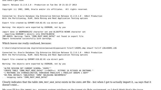 Databases: Oracle 11gR2 IMP Won't Import Table in Dump File From 10g смотреть онлайн