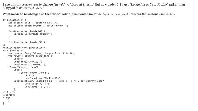 Wordpress: Get current logged in user under 3.1, re: remove "Howdy" (2 Solutions!!) смотреть онлайн
