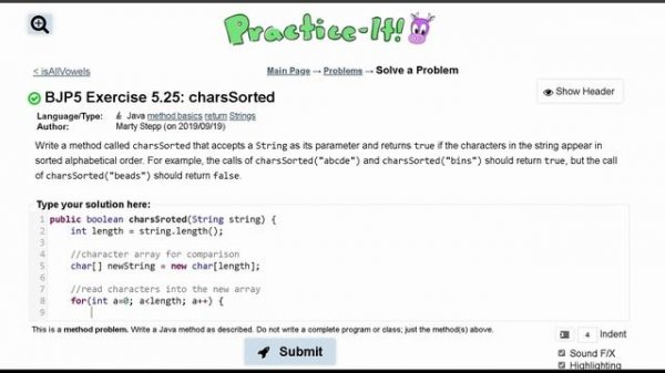 Java Practice It | Exercise 5.25: charsSorted | if, else, Boolean logic, method basics, return