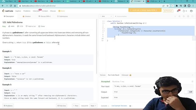 LeetCode 125. Valid Palindrome Simple Java Solution. смотреть онлайн