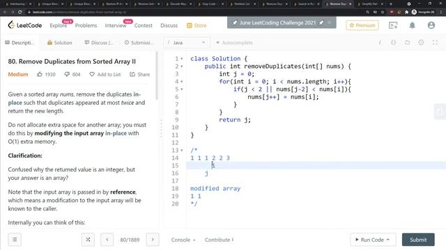 LeetCode 80 | Remove Duplicates from Sorted Array II | 2 Pointers | Java смотреть онлайн