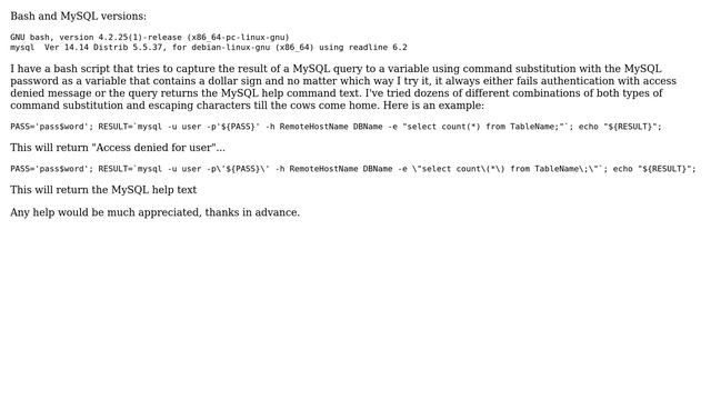 Unix & Linux: Bash Mysql Command Substitution Login Failure (2 Solutions!!) смотреть онлайн