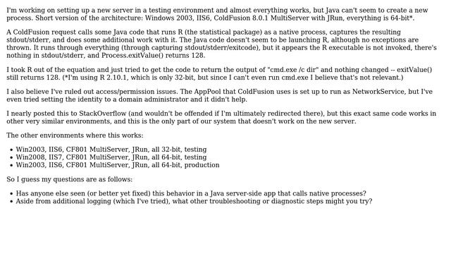 DevOps & SysAdmins: Java subprocess running from IIS6 returns exit value 128 and no stdout/stderr смотреть онлайн