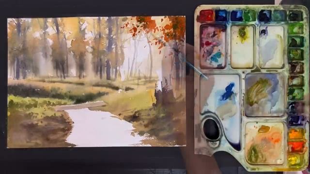 How to draw watercolor painting Maple leaves at sunrise | Landscape painting | Sunil Linus De смотреть онлайн