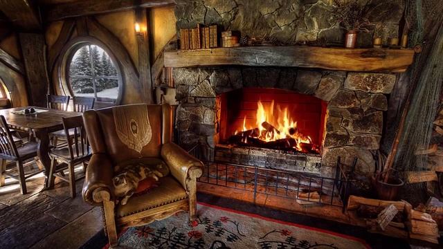 Уютная атмосфера зимней хижины и кошка - Метель и звуки камина