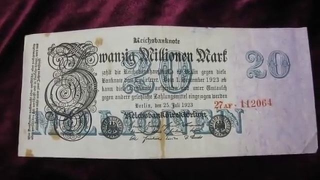 купюра 20 000 000 mark Reichsbanknote Berlin 1923 20 млн марок банкнота Германия Бонистика смотреть онлайн