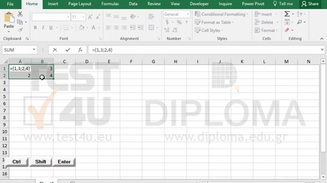 Insert in cell range A1:B2, using an array constant, the following... смотреть онлайн