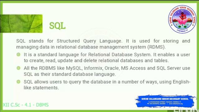 SVSSS (12 CBSE) XII Computer Science - 4.1 - DBMS смотреть онлайн