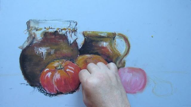 Как нарисовать натюрморт с глиняными кувшинами, овощами. Масляная пастель. смотреть онлайн