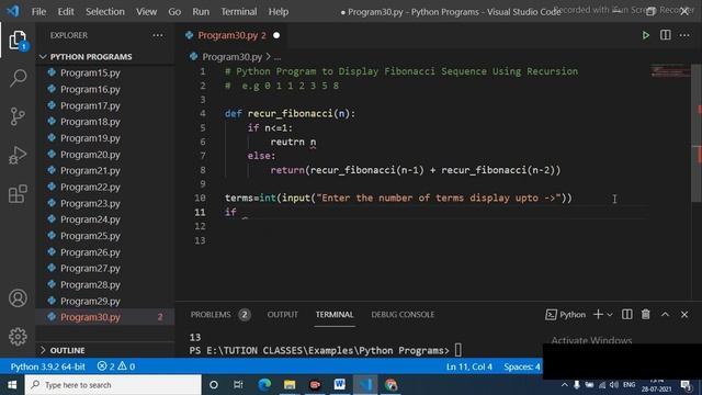 Python Program to Display Fibonacci Sequence Using Recursion смотреть онлайн