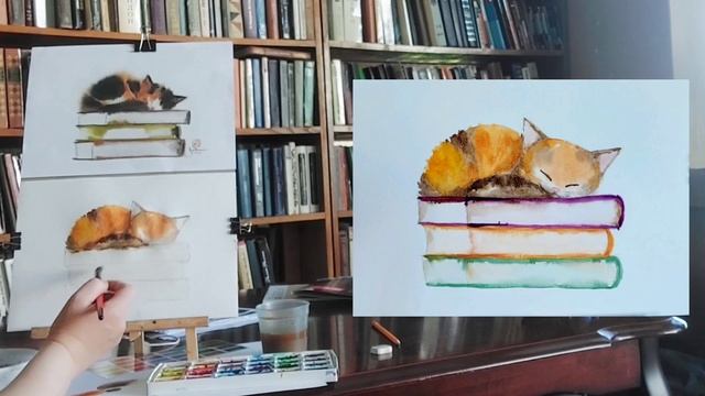 Мастер-класс "Котик на книжках" 12.08.2022 #Акварель #Живопись #Рисование смотреть онлайн