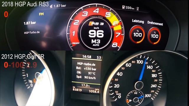HGP Golf 6R 3.6 BiTurbo vs HGP Audi RS3 2.5T 0-200 смотреть онлайн