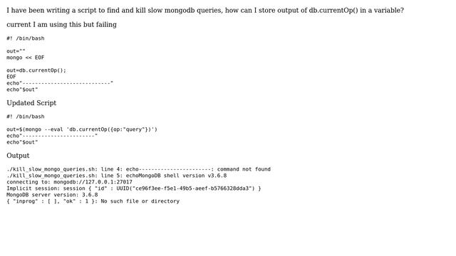 Databases: Save output of a Mongo Command to a Variable bash script смотреть онлайн