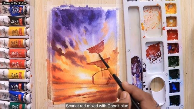 Watercolor painting of beautiful sunset and ship step by step смотреть онлайн