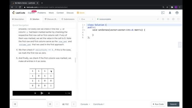 73. Set Matrix Zeroes.(C++) (optimised space complexity). смотреть онлайн