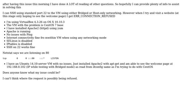 Connection refused for port 80 in VirtualBox. But only for CentOS VM смотреть онлайн