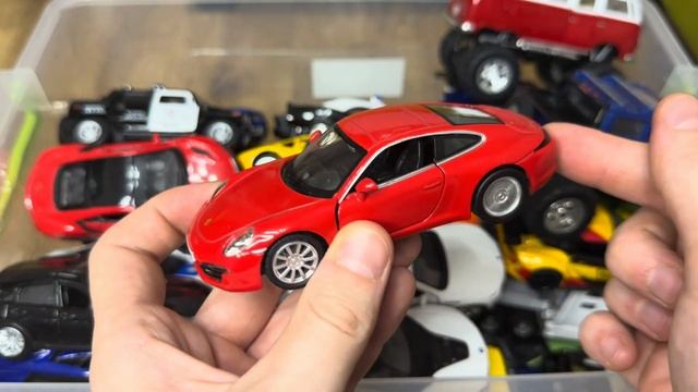 Box Full Of Diecast Metal Scale Model Cars: Mercedes, Nissan, Bugatti, Lamborghini, Porsche, Audi