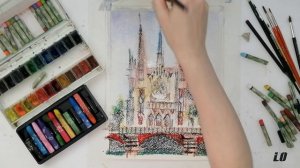 Gothic cathedral. Oil pastel. Watercolor. Готический собор. Масляная пастель. Акварель.