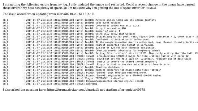 Docker MariaDB instance not starting after update смотреть онлайн