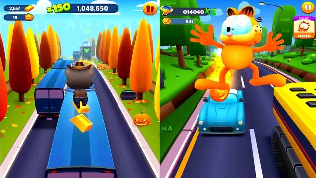 Talking Tom Gold Run Halloween VS Garfield Rush Соревнование Ковбой Том VS Кот Гарфилд смотреть онлайн