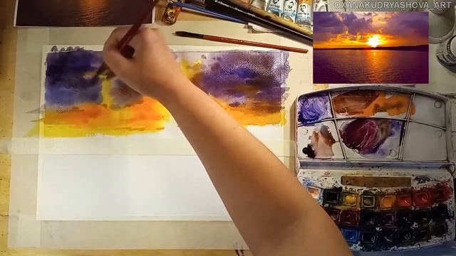 Бесплатный урок - ЗАКАТ НА МОРЕ - Оксана Кудряшова - Мастер-класс акварель - Watercolour Free Lesso смотреть онлайн