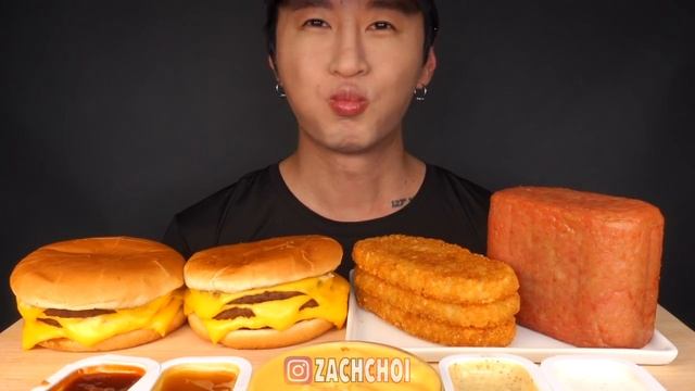 ASMR CHEESY HASH BROWNS & SPAM & TRIPLE CHEESEBURGERS MUKBANG 먹방 (No Talking) EATING SOUNDS смотреть онлайн