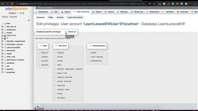 E21 - Database setup, new user, grant permissions with PHPMyAdmin | Learn Laravel the EASY Way смотреть онлайн