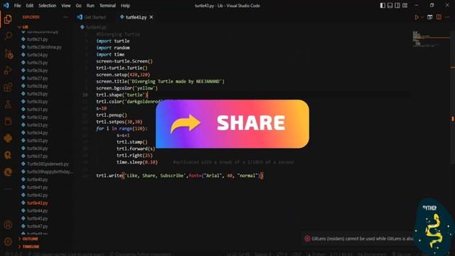 Diverging Turtle using python code | Python Programming Hub смотреть онлайн