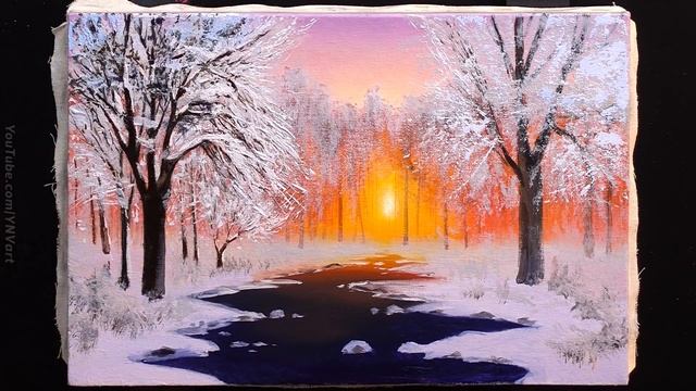 Acrylic Landscape Painting - Winter Sunset / Easy Art / Drawing Lessons / Satisfying Relaxing.