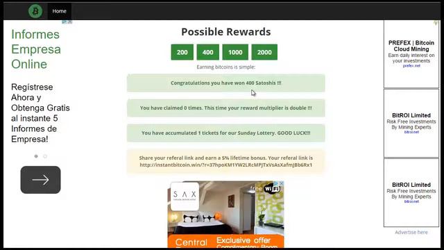 Биткоин кран INSTANTBITCOIN от 200 до 2000 сатоши каждый час на XAPO!