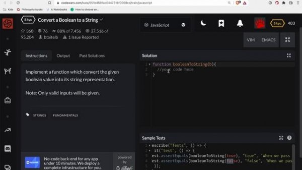 Codewars - Javascript - Convert a Boolean to a String