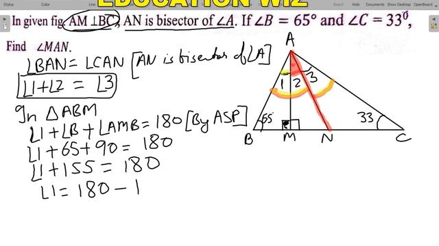 IN GIVEN FIG. AM is perpendicular to BC, AN is bisector of angle A if angle B =65 and angle C = 35 смотреть онлайн