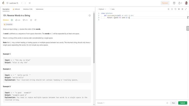 LeetCode | Task "151. Reverse Words in a String" | Python solution смотреть онлайн